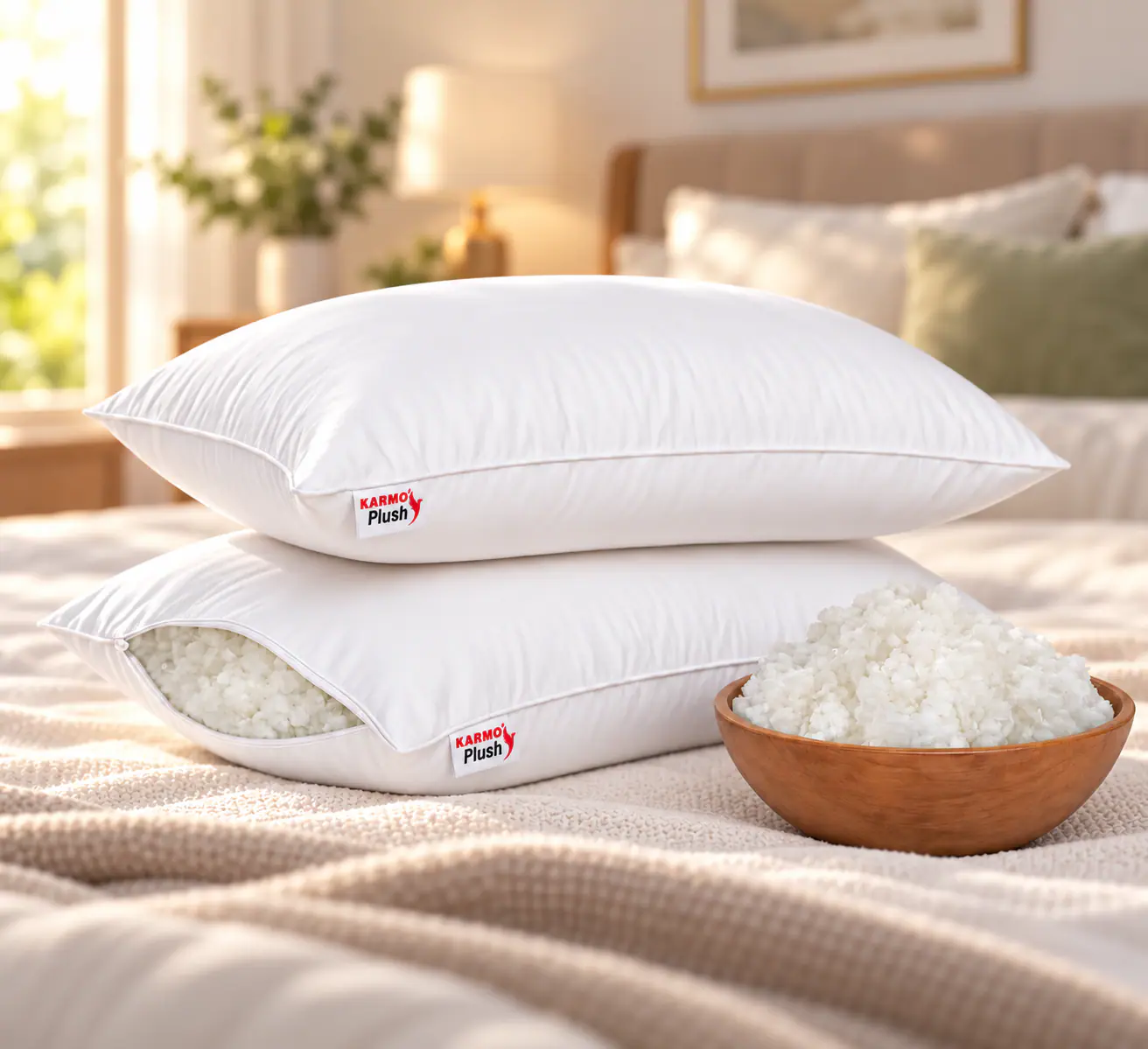 Karmo Plush pillows with plush fiber fill on cozy bed